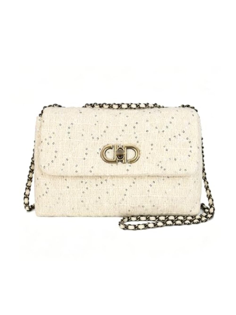 Tweed Quilted Crossbody Bag with Chain Strap, Turn-Lock Closure, Small